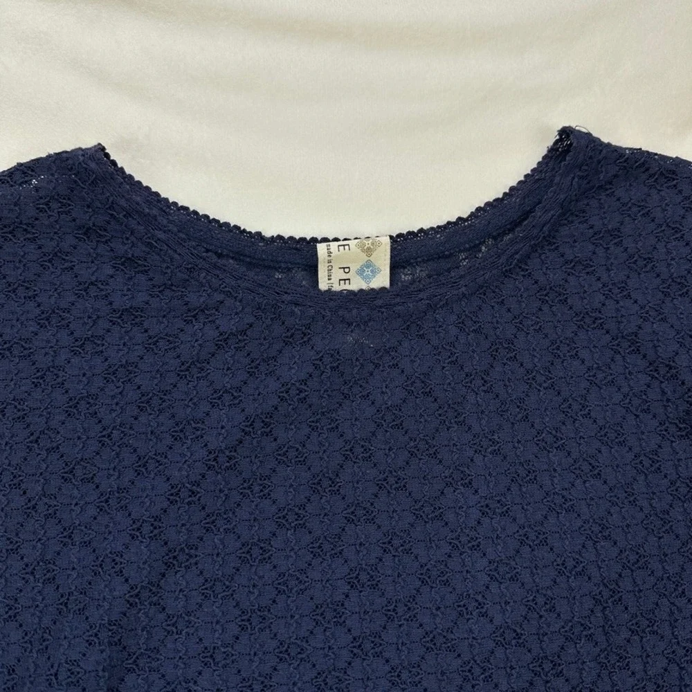 Free‎ People Navy Blue Textured Top Sheer Balloon Long Sleeve Blouse XS